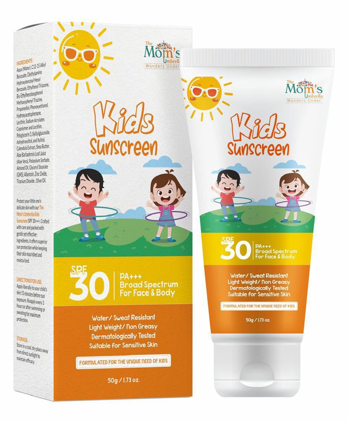 Kids sunscreen SPF 30 packaging by The Moms Umbrella for sensitive skin