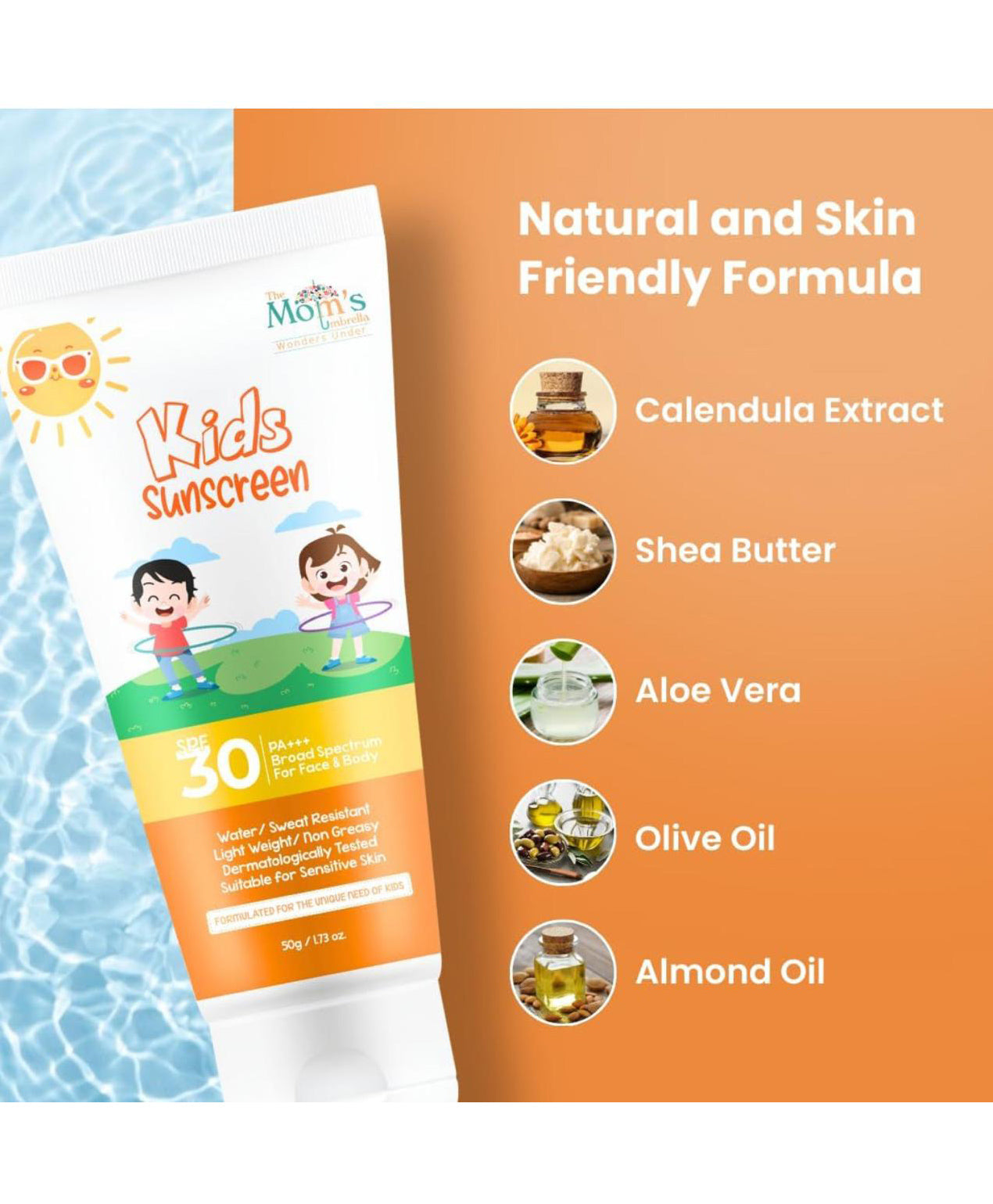 Kids sunscreen with calendula shea butter aloe vera and almond oil